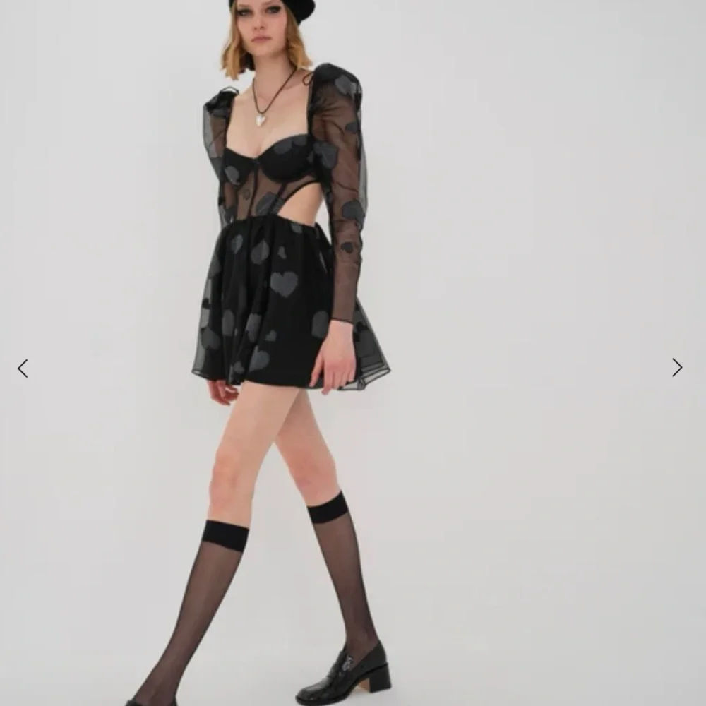 For Love & Lemons Alexandra Long Sleeve Mini Dress Black Hearts NWT - Picture 2 of 7